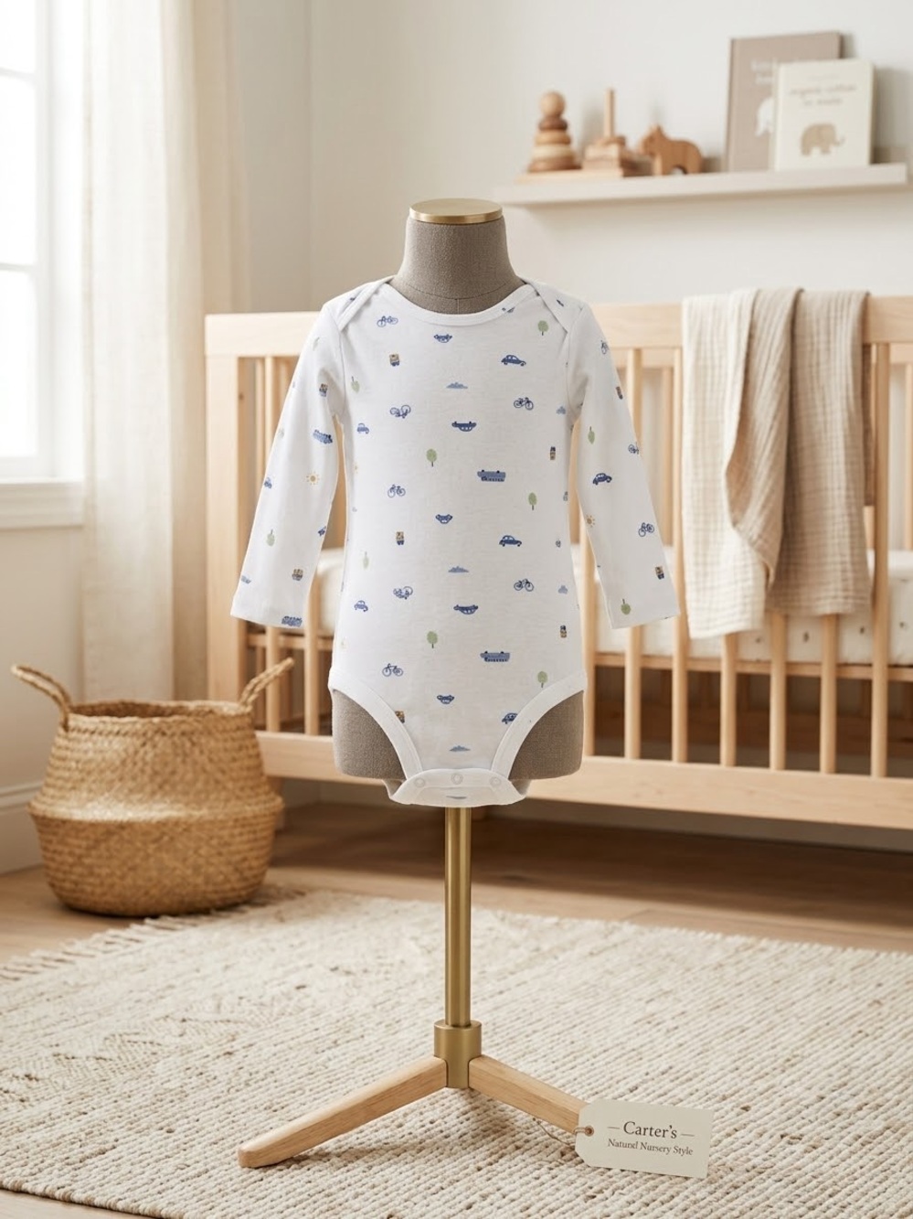 Carter's White Long-Sleeve Printed Baby Bodysuit with Blue and Green Motifs